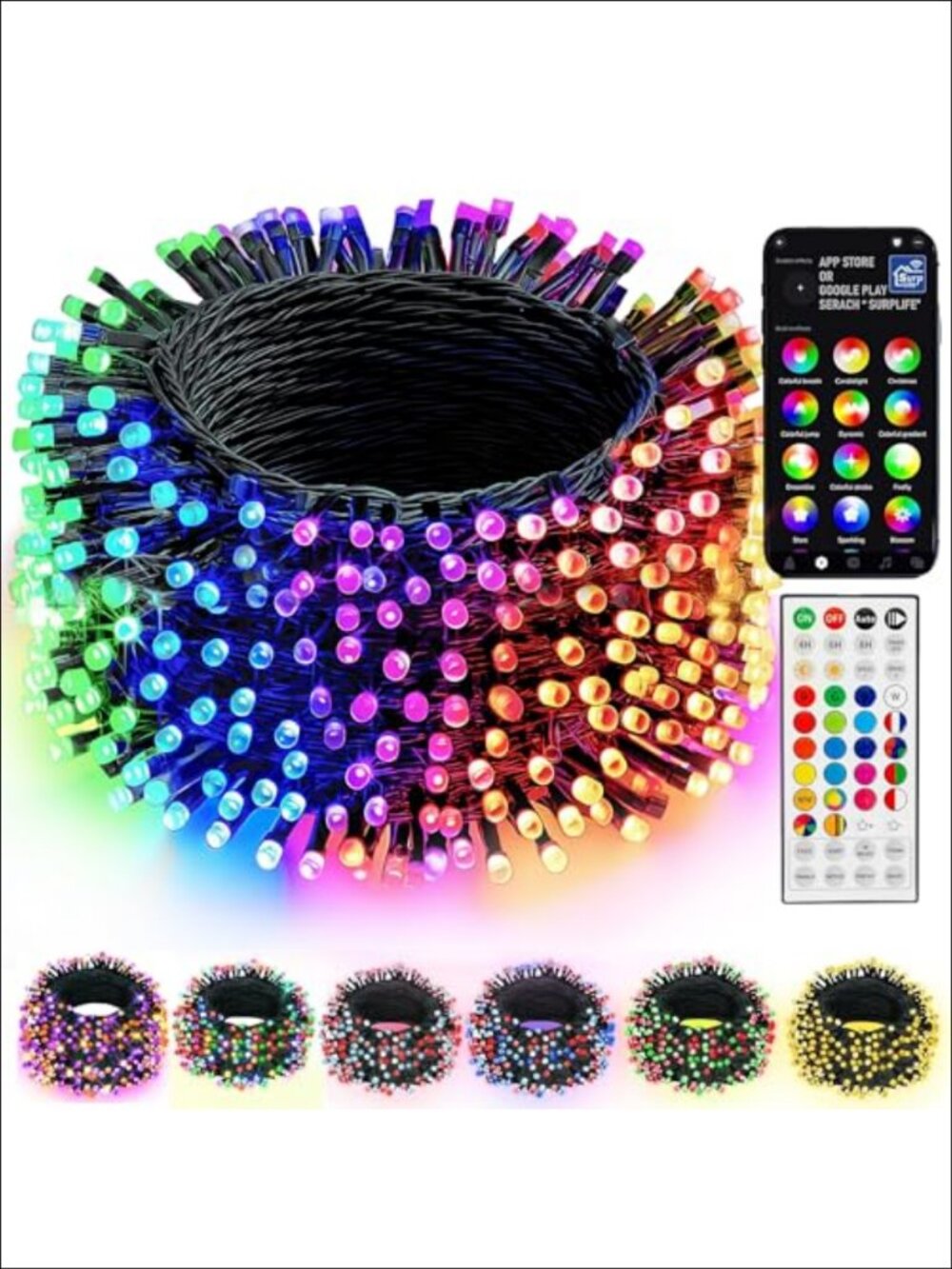Smart Christmas String Lights 98FT 300 LED RGB Color Changing Remote App